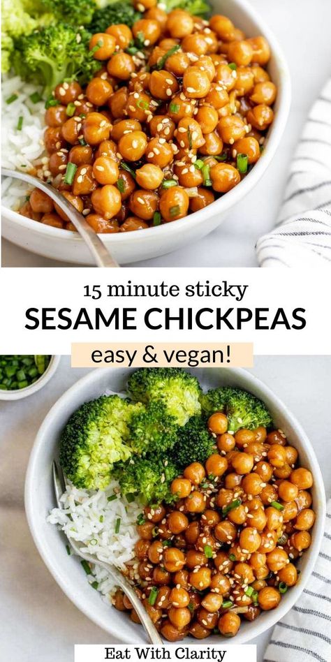 These vegan sesame chickpeas are the perfect weeknight dinner when you don't feel like cooking! They take only 15 minutes to make and are perfect with steamed rice and broccoli. With a simple sticky sesame sauce, this is my favorite way to eat chickpeas! #chickpeas #sesamechickpeas Stir Fry Chickpeas, Vegan Chickpea Dinner, Broccoli Rice Bowl Vegetarian, Chickpeas And Quinoa Recipes, Chickpeas Over Rice, Chickpea Broccoli Recipes, Sticky Chickpeas And Broccoli, Vegan Dinner With Rice, Ww Chickpea Recipes