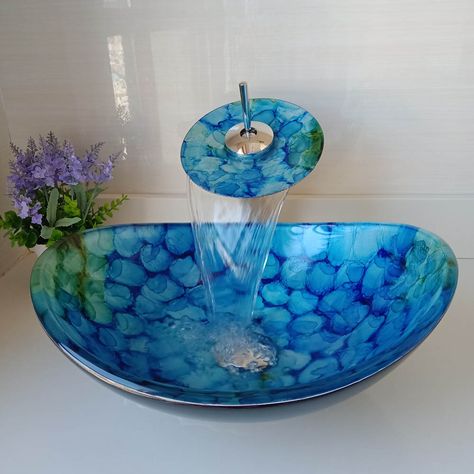 Oval Tempered Glass Vessel Sink and Faucet Combo Waterfall Mixer Tap and Basin Sink Set with Mounting Ring and Water Drain Set Blue and Green Pattern Glass Bathroom Sink, Contemporary Sink, Water Drain, Glass Vessel Sinks, Glass Sink, Vessel Sink Faucet, Waterfall Faucet, Brass Bathroom, Brass Faucet