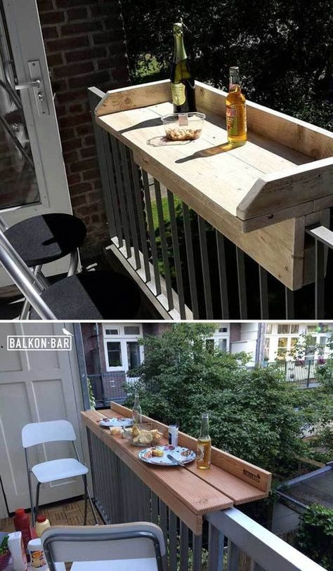 Tray for deck railing. Small deck ideas. Patio. Small patios. Storage. Space saver #ad Apartemen Studio, Diy Balcony, Balcony Bar, Balkon Design, Real Estat, Diy Casa, Diy Yard, Small Outdoor Spaces, Hus Inspiration