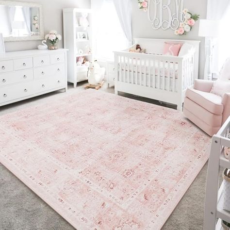 Amazon.com: Pink Rug 5x7 for Living Room,Machine Washable Girls Room Rug for Nursery Bedroom,Blush Pink Super Soft Faux Wool Boho Floral Carpet 5 by 7 : Home & Kitchen Nursery Rug Layout, Nursery Carpet Ideas, Light Pink Nursery Rug, Nursery Rug On Carpet, Blush Pink Toddler Bedroom, Rose Themed Nursery, Bedroom Blush Pink, Girl Nursery Rug, Dusty Pink Nursery