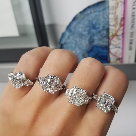 IG: @sld_jewels Large 3 Stone Engagement Rings, Three Stone Engagement Rings Pear, Three Stone Pear Engagement Rings, Emerald Cut With Baguettes, Pear Shapes, Rings Oval, Half Moons, Radiant Cut Engagement Rings, Antique Cushion