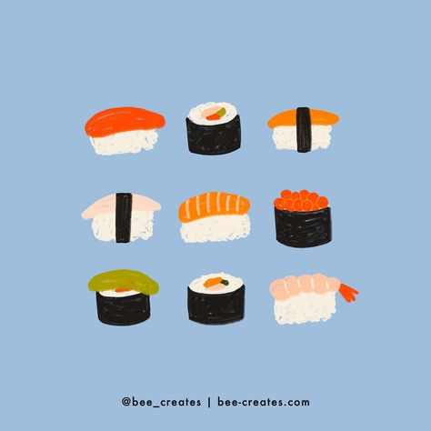 Comment your go to sushi order! I always love salmon belly anything 😋 SUSHI 6/100 for #100daysoftastyart #sushi #illustration #foodart #surfacedesign #surfacepatterndesign #surfacedesigner #foodillustration #theydrawandcook #sushiart #nigiri #sashimi #salmon #avocado #sushiroll #omakase #tuna Kawaii Sushi Stickers, Sushi Roll Illustration, Sushi Illustration Graphics, Sushi Drawing Easy, Sushi Art Illustration, Sushi Graphic Design, Sushi Doodle, Sushi Ceramic, Sushi Painting