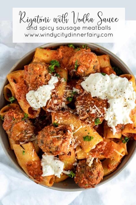 Rigatoni with Vodka Sauce and Spicy Sausage Meatballs - The Windy City Dinner FairyThe Windy City Dinner Fairy Rigatoni With Vodka Sauce, Creamy Marinara Sauce, Creamy Rigatoni, Fairy Recipes, Rigatoni Noodles, Vodka Sauce Pasta, Sausage Rigatoni, Rigatoni Recipes, Sausage Meatballs