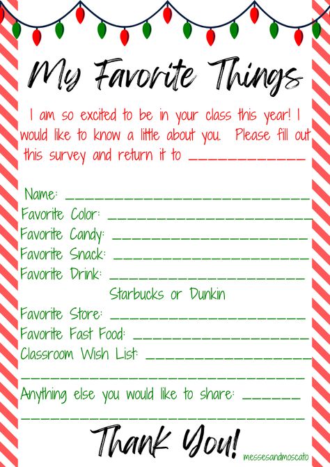 Send to teachers to learn about their favorites! This makes gift giving so easy! #teachergift #gifting #favoritethings #teacher Teacher Wish List Printable, Teacher Christmas Wish List Printable, Teacher Wishlist, Teacher Wish List, Teacher Birthday, Teacher Printable, Christmas Favorites, Christmas Classroom, Favorite Candy