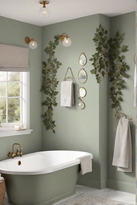 Dive into daily interior designer routines for 2024 bathroom harmony, featuring the serene Vine Leaf Vibes (BM 2146-20) to infuse green tranquility. #Ad #homedecor #homedesign #bathroom #Painthome interiorarchitecture best Wall Colors for Bathroom Colors Bright Room Colors best colors combinations bathroom bathroom Remodeling Modern Paint Colors 2024 Green Accent Bathroom, Bathroom Aesthetic Green, Green Accent Wall Bathroom, Green Bathroom Paint Colors, Green Walls Bathroom, Green Painted Bathroom, Light Green Bathroom Ideas, Bathroom With Beadboard Walls, Green Wall Bathroom