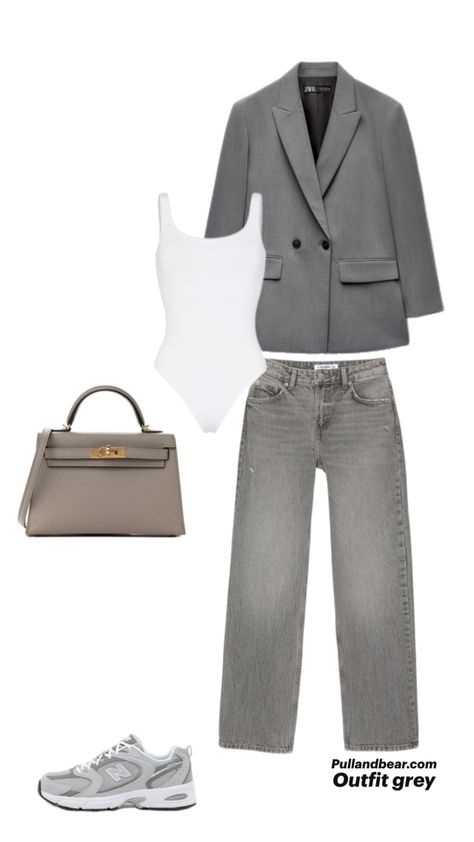 Grey Air Force 1 Outfit, Outfit Blazer Blanc, Outfit Avec Blazer, Blazer Gris Outfit, Outfit Pantalon Gris, Outfit Pull, Air Force 1 Outfit, Outfit Otoño, Professional Outfit