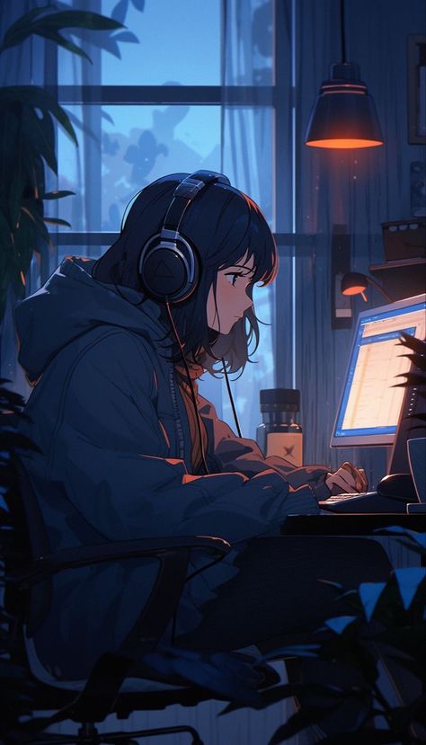 Anime Study Laptop Wallpaper, Lofi Studying Wallpaper, Anime Study Wallpaper Aesthetic, Anime Art Aesthetic Laptop Wallpaper, Lofi Character Art, Relaxing Aesthetic Night, Cute Girl Animes Wallpapers, Go Back To Study Wallpaper Anime, Dreamy Drawing Ideas