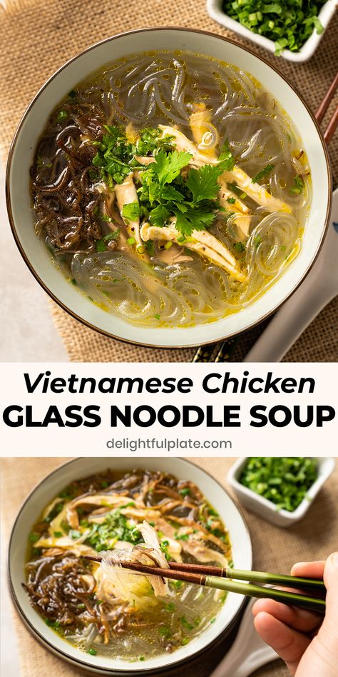 Soup With Glass Noodles, Easy Vietnamese Soup, Easy Glass Noodle Soup, Vietnamese Glass Noodle Salad, Mien Ga Recipe, Vietnamese Noodle Soup Recipes, Ga Nuong Recipe, Vietnamese Chicken Noodle Soup, Asian Chicken Noodle Soup Recipe