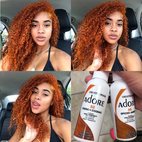 Ginger Hair Ideas Black Women, Ginger Hair Adore, Best Ginger Hair Dye, Ginger Natural Curly Hair, Different Shades Of Ginger Hair, Ginger Died Curly Hair, Curly Black Hair Color Ideas, Adore Dye Ginger, Adore Spiced Amber Hair Color