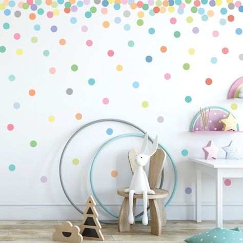 Playroom Polka Dot Wall, Polka Dot Wall Mural, Dot Decals On Wall, Paint Dots On Wall, Playroom Wall Stickers, Polka Dot Room Decor Girls Bedroom, Polka Dot Accent Wall, Rainbow Polka Dot Wall, Rainbow Kids Bedroom