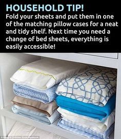 Storage secret: Fold all of your sheets up and place them inside a pillowcase to keep things neat and easy to source when you need to make the bed Smart School House, Linen Closet Organization, Spring Cleaning Hacks, Home Organization Hacks, Storage Hacks, Neat And Tidy, Linen Closet, Cleaning Organizing, Spring Cleaning