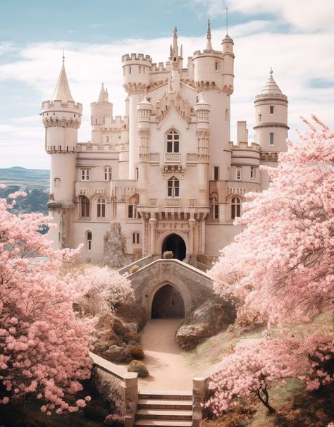 Enchanting princess castle encircled by the vibrant blooms of apple trees, the scene capturing the union of spring's awakening and elegant castle life for Pinterest connoisseurs of botanical beauty and regal residences, inspiring a sense of whimsy and the splendor of nature in harmony with fairytale architecture. Castle Backdrop, Castle Drawing, Royal Core, Fairytale Aesthetic, Apple Trees, Fairytale Castle, Princess Castle, Pretty House, Inspirational Pictures