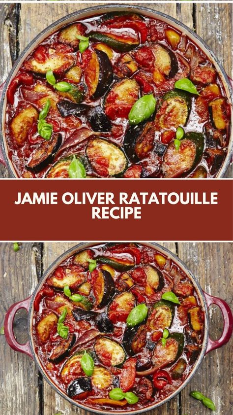 Jamie Oliver Ratatouille is made with red onions, garlic, aubergines, courgettes, bell peppers, ripe tomatoes, fresh basil, olive oil, fresh thyme, quality plum tomatoes, balsamic vinegar, and lemon zest. This easy Ratatouille recipe creates a delicious dinner that takes about 1 hour to prepare and can serve up to 6 people. Jamie Oliver Ratatouille Recipe, Jamie Oliver Ratatouille, Oven Roasted Ratatouille Recipe, Recipe For Ratatouille, Plum Tomato Recipes, Italian Ratatouille Recipe, Best Ratatouille Recipe, Fresh Tomatoes Recipes, Easy Ratatouille Recipe