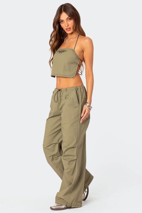 Fey Bungee Strap Open Back Top – edikted Cargo Parachute Pants, Visionary Fashion, Open Back Top, Top Halter, Swimwear Dress, Cotton Pants, Embroidered Design, S Models, Favorite Jeans