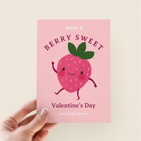 Easily customize these cute strawberry  Valentines Day flat cards with your child's name and use as classroom cards, to hand out to friends, or attach to favor bags for a Valentines day party! Have a look at our collection for similar card designs! Strawberry Valentines, Strawberry Card, Valentine Notes, Classroom Valentines, Nice Quotes, Greeting Card Illustration, Classroom Valentine, Cute Strawberry, Gowns Prom