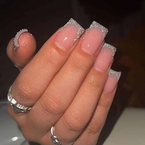 Pink Silver Nails Glitter, Sparkly Silver Tip Nails, Nails Pink And Silver Glitter, Short Square Nails New Years, Glitter Short French Tip Nails, Short French Tip Acrylic Nails With Glitter, 21st Birthday Nails Acrylic Short, White French Tip Nails Square Glitter, Sparkling Acrylic Nails