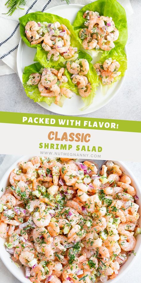 This is the best shrimp salad, and it's made with a creamy, tangy dressing, lots of crunchy vegetables, and a sprinkling of fresh chopped herbs. You'll love this easy and delicious classic recipe! Shrimp Salad No Mayo, Shrimp Cold Salad, Southern Shrimp Salad, Shrimp Crab Salad, Baby Shrimp Salad, Shrimp Salads For Dinner, Shrimp Summer Recipes, Shrimp Pasta Salad Recipes Cold, Shrimp Salad Recipes Easy