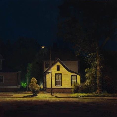 Alberto Ortega, Street Lights At Night, Lights At Night, Monster Prom, Spanish Painters, Yellow House, Night Landscape, Street Lights, Liminal Spaces