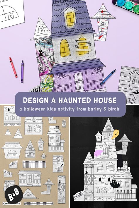 Process photos showing how to make our haunted house craft for kids Halloween Crafts Haunted House, Haunted House Activities For Kids, Haunted House For Sale Writing Project, Diy Haunted House Ideas For Kids, Free Haunted House Printable, Haunted House Art For Kids, Halloween Art Lessons Middle School, Haunted House Bulletin Board, Cardboard Box Haunted House