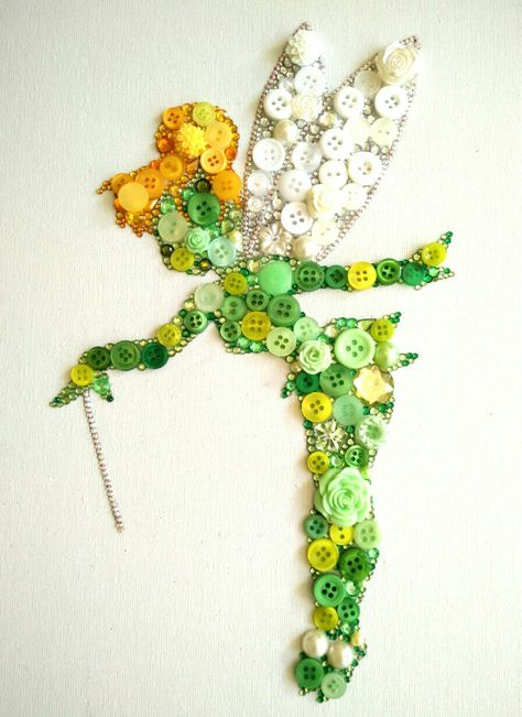 Handmade Tinkerbell Inspired Embellishment Canvas, made from buttons, gems, flowers and 195 Swarovski Crystals 10x12 ￡45    #Tinkerbell #disney #swarovski #buttons #crafts #art #peterpan #neverland #green #magic #fairy #pixie #thecanvascreationscompany Disney Button Art, Magical Crafts, Button Art Projects, Buttons Crafts Diy, Disney Buttons, Button Creations, Vintage Jewelry Crafts, Diy Buttons, Pola Sulam