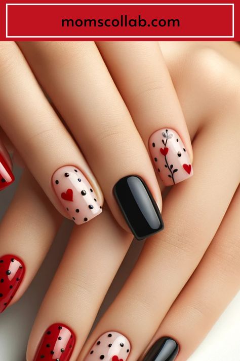 10 Luscious Red and Black Heart Nail Design Ideas Nail Black Design, Cute Heart Nails, Plaid Nail Designs, Nail Red, Red Nail Art Designs, Heart Nail Designs, Marble Nail Designs, Beauty Hacks Nails, Festive Nail Art