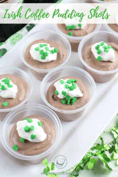 Irish Coffee Pudding Shots | St Patrick's Day Shots | Boozy Shots Coffee Pudding Shots, Coffee Pudding, Pudding Shot Recipes, St Patricks Food, St Patrick Day Snacks, Jello Pudding Shots, Boozy Treats, Irish Desserts, St Patrick Day Treats