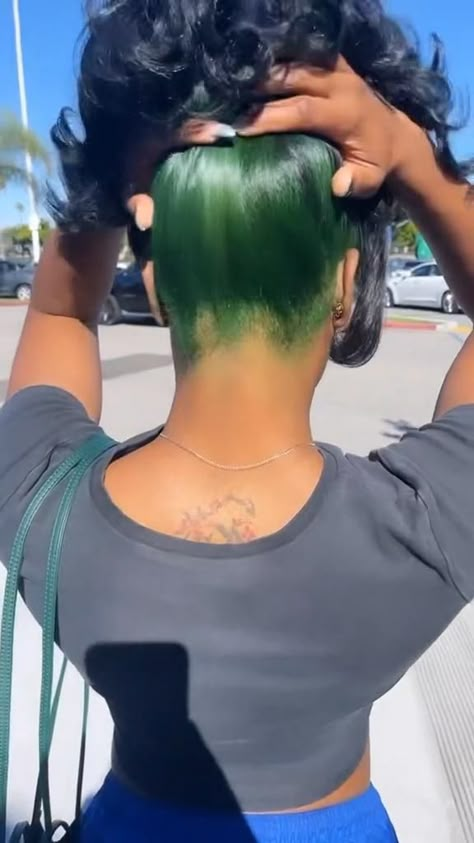 This green also attracts people's attention | Hair highlights, Hair color, Hair styles Under Hair Dye, Peekaboo Hair Colors, Hair Stripes, Dark Green Hair, Green Hair Dye, Girl Hair Colors, Peekaboo Hair, Dyed Hair Inspiration, Dyed Natural Hair