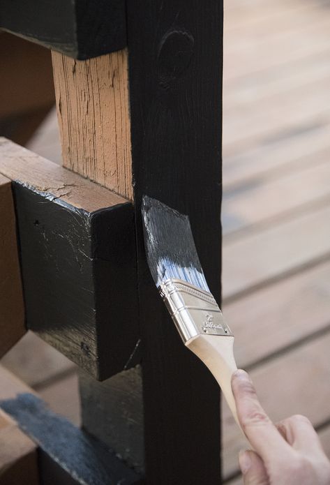 Exterior Deck Painting Tutorial - roomfortuesday.com Deck Railing Paint Ideas, Black Deck Ideas, Paint Deck Black, Black Painted Deck, Black Deck Paint, Black Painted Deck Railing, Paint Or Stain Deck, Painting Deck Black, Stained Deck Black Railing