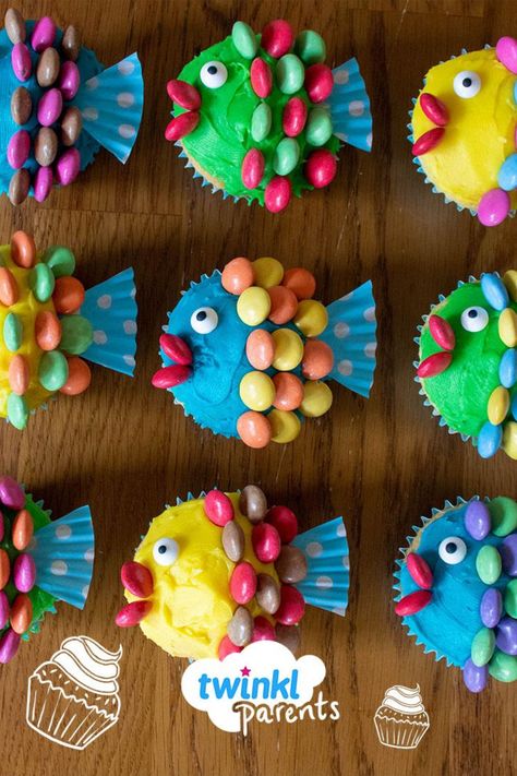 Sea Animal Food Ideas, Under The Sea Recipes, Fish Cupcakes For Kids, Under The Sea Baking, Fishing Cupcake Ideas, Ocean Animal Party, Sea Animal Cupcakes, Fun Birthday Cupcakes, Under The Sea Birthday Cupcakes