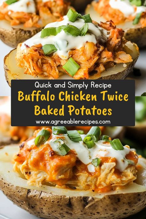 Spice up your dinner with these Buffalo Chicken Twice Baked Potatoes! With their creamy filling and zesty buffalo flavor, they’re sure to satisfy your cravings for something hearty and delicious! 🥔❤️ #RecipeOfTheDay #BuffaloFlavors #EasyDinner Twice Baked Potatoes Recipe, Chicken Potato Bake, Spicy Buffalo Chicken, Easy Buffalo Chicken, Baked Buffalo Chicken, Baked Potato Recipes, Twice Baked, Twice Baked Potatoes, Potato Skins