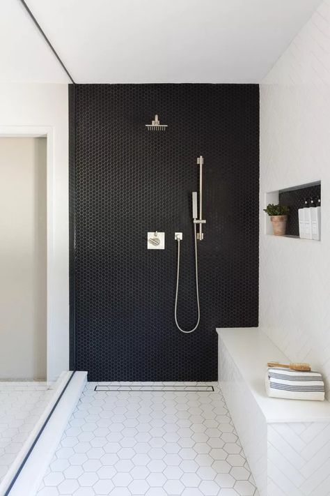 62 Tile Flooring Ideas That Are Pretty and Practical Minimalist Bathroom Makeover, 2x2 Tile Bathroom, Modern Black And White Bathroom, Boston Condo, Gorgeous Bathroom Tile, Beautiful Tile Bathroom, Apt Decor, Black And White Bathroom, Shower Toilet