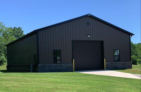 Black Trim Pole Barn Black Pole Building, Black Shop House, Burnished Slate Metal Building, Pole Barn Colors Scheme, 40x50 Shop, Basketball Garage, Black Pole Barn House, Black Pole Barns, Black Metal Shop