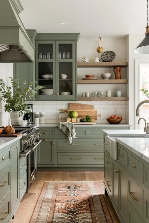 50+ Serene Kitchens with Sage Green Cabinets Sage Green Cabinets White Countertops, Dusty Green Kitchen Cabinets, Cool Kitchen Colors, Sage Green Kitchen Units, Light Olive Green Kitchen Cabinets, Sage Countertops, Olive Green And Wood Kitchen, Sage Green And Gold Kitchen, Clary Sage Kitchen