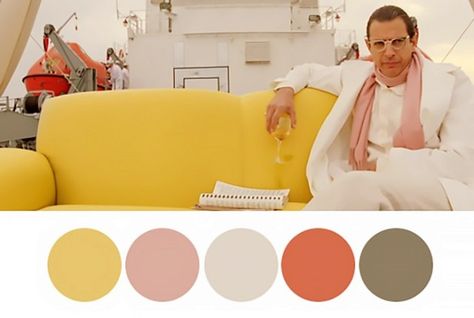 The Life Aquatic makes a strong case for the undeniable appeal of mustard yellow, bright orange, and dusty neutrals. Get the bright look with bold-colored furnishings and a statement-making... Wes Anderson Scenes, Wes Anderson Decor, Wes Anderson Color Palette, West Anderson, Wes Anderson Aesthetic, Wes Anderson Style, Movie Color Palette, Wes Anderson Movies, Cinema Colours