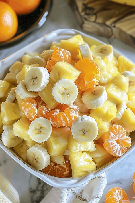 Sunshine Salad Sunshine Salad Recipe, Sunshine Salad, Fruit Delight, Au Gratin Potato Recipes, Au Gratin Recipes, Sugar Free Jello, Sugar Free Pudding, Mandarin Oranges, Fresh Pineapple