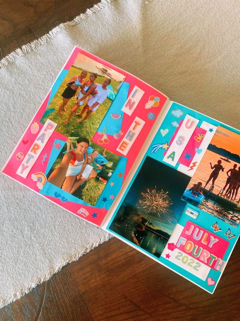 Summer Memories Scrapbook, Preppy Scrapbook Pages, July Scrapbook Page, Photo Album Book Ideas, Scrapbook College Ideas, Scrapbook Page Inspiration, Scrapbook Summer Aesthetic, Memory Book Inspiration, Summer Scrapbook Ideas Aesthetic