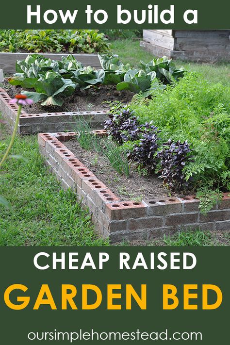 How to Build a Cheap Raised Garden Bed The first thing I did was take a walk around the farm to see what I could find to use. I found cinder blocks, a stack of pallets, a pile of bricks, a pile of downed trees and piles and piles of trimmed branches.  #gardening #gardenbed #rasiedbeds #homesteading Brick Raised Garden Beds, Garden Bed Raised, Cheap Raised Garden Beds, Raised Garden Beds Diy Vegetables, Garden Bed Layout, Yummy Veggies, Gardening Equipment, Winter Vegetables Gardening, Amazing Meals