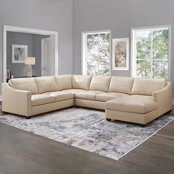 Pauline Leather Chaise Sectional | Costco Cream Leather Sofa Living Room, Cream Leather Sectional, Sectional Costco, Bar Behind Couch, Couch Inspiration, Leather Sectional Living Room, Deep Sectional Sofa, White Leather Couch, California Cottage