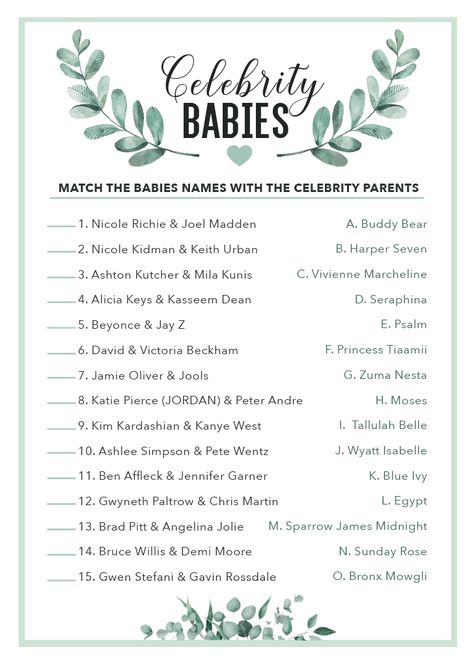 celebrity baby name baby shower game Baby Shower Quiz Game, Quick Baby Shower Games, Baby Shower Gamea, Celebrity Baby Shower, Celebrity Baby Showers, Baby Quiz, Baby Shower Quiz, Virtual Baby Shower Games, Baby Name Game