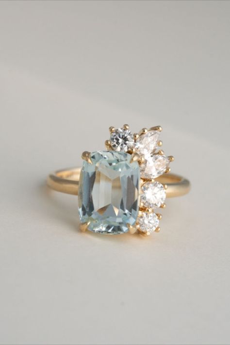 aquamarine engagement ring Gem Stone Engagement Rings, Sapphire Ring Simple, Asymmetrical Engagement Ring, Engagement Ring Blue Stone, Ring Redesign, Big Diamond Engagement Rings, Heirloom Ring, Engagement Ring Custom, Custom Wedding Ring