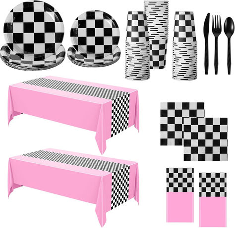 162 Pcs Car Birthday Party Supplies for 20 Guests Checkered Racing Party Decorations 2 Checkered Racing Flag Rectangular Tablecloth for Racing Car Christmas Party Dinner Plates (Pink) #ad #badtwothebone #bad2thebone #bad2thebonepartysupplies #badtwothebonepartysupplies #badtwothebonepartyideas #bad2thebonepartytheme #2ndbirthdaypartyideas #checkered #pink Grease Themed First Birthday, Racing Party Decorations, Plaid Plates, Christmas Party Dinner, Race Car Party Decorations, Racing Party, Car Birthday Party, Race Car Themes, Black And White Plates