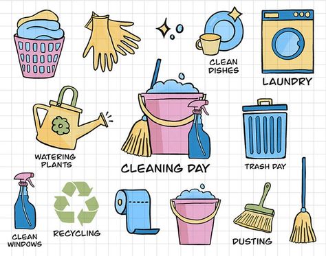 Cleaning Clipart Cute, Cleaning Illustration Art, Cleaning Stickers Free Printable, Cleaning Drawing Easy, Chore Clipart, Household Drawing, Cleaning Poster, Chores Clipart, Chores Stickers