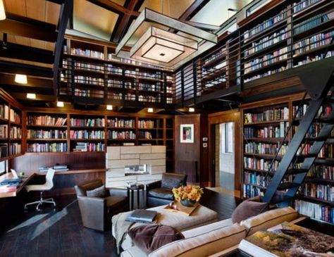 Home Library Room | Contemporary study room and library . A large, two-level… Home Library Design Ideas, Home Library Rooms, Home Office Library, Library Room, Contemporary Home Office, Home Library Design, Casa Vintage, Home Libraries, Library Ideas