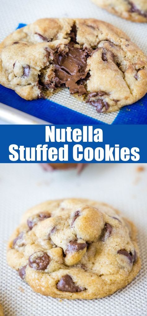 Nutella Stuffed Chocolate Chip Cookies - classic soft and chewy chocolate chip cookies that have a delicious chocolate Nutella center! Chocolate Nutella Cookies, Nutella Stuffed Cookies, 2 Ingredient Cakes, Nutella Chocolate Chip Cookies, Stuffed Chocolate Chip Cookies, Stuffed Cookies, Friends Recipes, I'm Fat, Best Chocolate Desserts