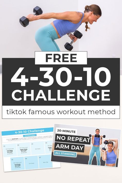 The "4-30-10" Method went viral on TikTok as a way to transform your health, lose weight, build muscle and increase muscle tone. As a fitness trainer I can stand behind this workout trend and thought it was worth creating a free, 7-day, “4-30-10” workout plan. Diet And Workout Plan 30 Day Challenge, 2 Week Workout Challenge 10 Pounds, Total Body Makeover Workout Plans, Workout Charts For Women At Home, Better Me Workout Plan, 7 Week Workout Plan, 3 10 30 Workout, 40-30-10 Method, 4-30-10 Method