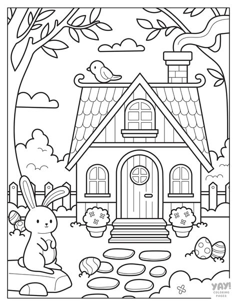 The Easter bunny's cottage coloring page. Digital Coloring Pages Procreate Free, Free Adult Coloring Printables Simple, Simple Colouring Pages, Cottage Coloring Pages, Cute Coloring Pages Free Printable, Cute Coloring Pages Aesthetic, Colouring In Pages, Cute Coloring Page, Simple Coloring Pages