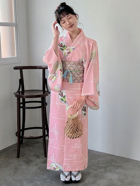 Japanese Style Elaborate Printed Yukata, Raised Woven Brocade, Waistband With Tassels, Two Color Tassel Belt Set, Improved Yukata Pink Casual  Long Sleeve Woven Fabric Plain,Plants,All Over Print  Non-Stretch  World Apparel, size features are:Bust: ,Length: ,Sleeve Length: Cute Yukata, New Years Kimono, Pink Yukata, Yukata Outfit, Cherry Blossom Kimono, Kimono Traditional, Cute Kimonos, Tassel Belt, Drop Shoulder Cardigan