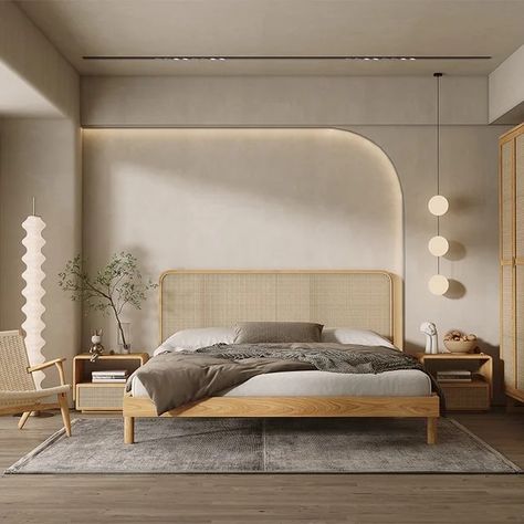 Bali Bedroom Interior, Bedroom Interior Japandi, Japandi Theme Bedroom, Japanese Minimalism Bedroom, Scandi Modern Bedroom, Arch Bedroom Design, Corner Bedroom Design, Bed Backdrop Design, Morden Bedroom Design Interiors