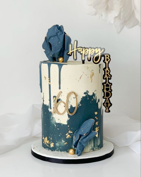 Navy and gold, cake, mens cakes, buttercream cake, inspo, cakes for men, gold leaf Mens Buttercream Cake, Blue White And Gold Cake For Men, Birthday Cakes For Men 30th, Blue Buttercream Cake For Men, 90 Birthday Cake Men, Navy And Gold Cake For Men, Decorated Cakes For Men, Navy Gold Cake, Cake Inspo For Men