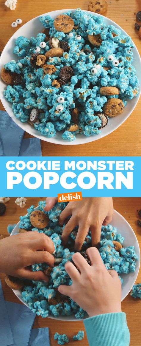 Teal Colored Food Ideas, Blue Packaged Snacks, Cookie Monster Popcorn Recipe, Cookie Monster Snack Ideas, Blue Party Food Snacks, How To Make Blue Popcorn, Cookie Monster Snacks, Monster Snacks For Kids, Color Party Blue Ideas